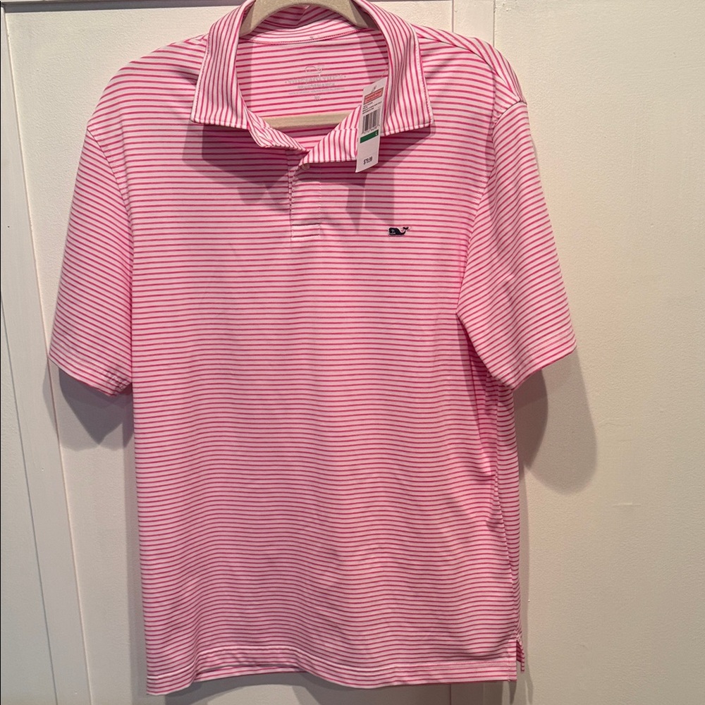 Vineyard Vines Pink & White Thin-Stripe performance Polo